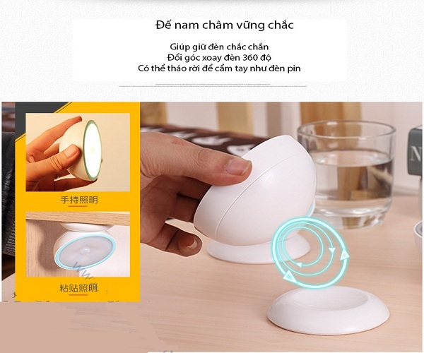 Đèn led đêm, đèn ngủ tự bật tắt, đế giữ nam châm xoay AHD-1703/C
