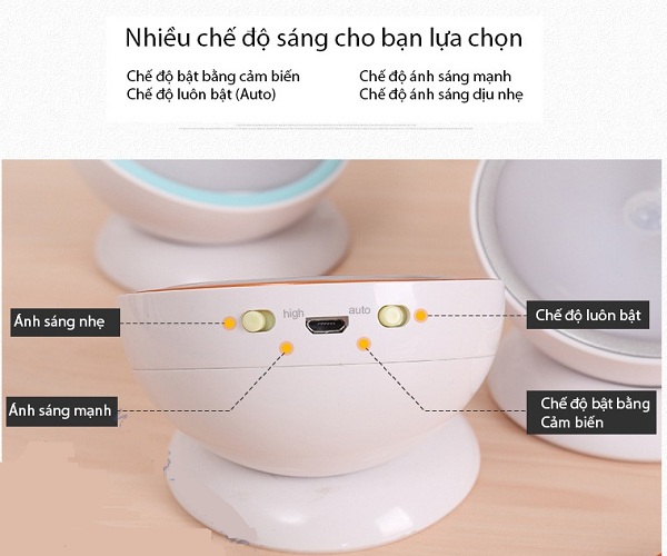 Đèn led đêm, đèn ngủ tự bật tắt, đế giữ nam châm xoay AHD-1703/C