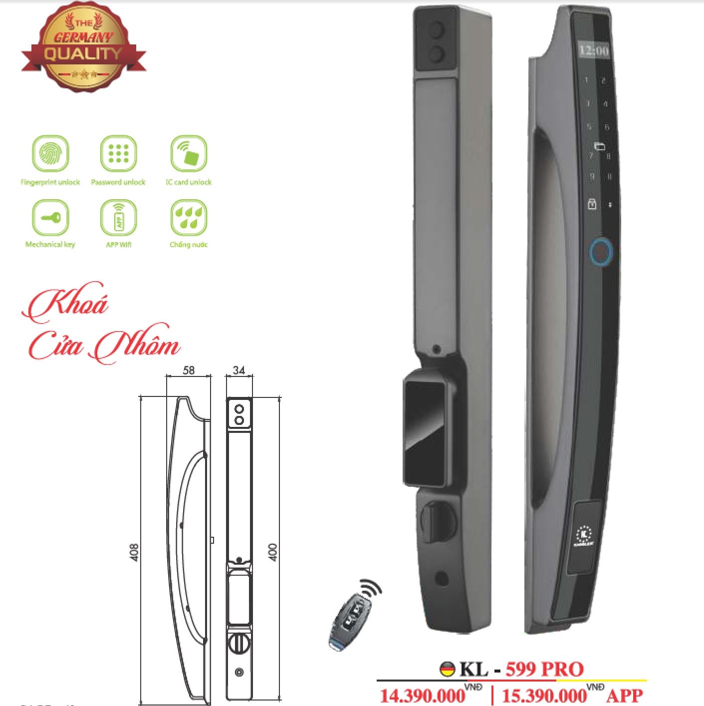 Khóa cửa nhôm vân tay Kassler KL599 PRO