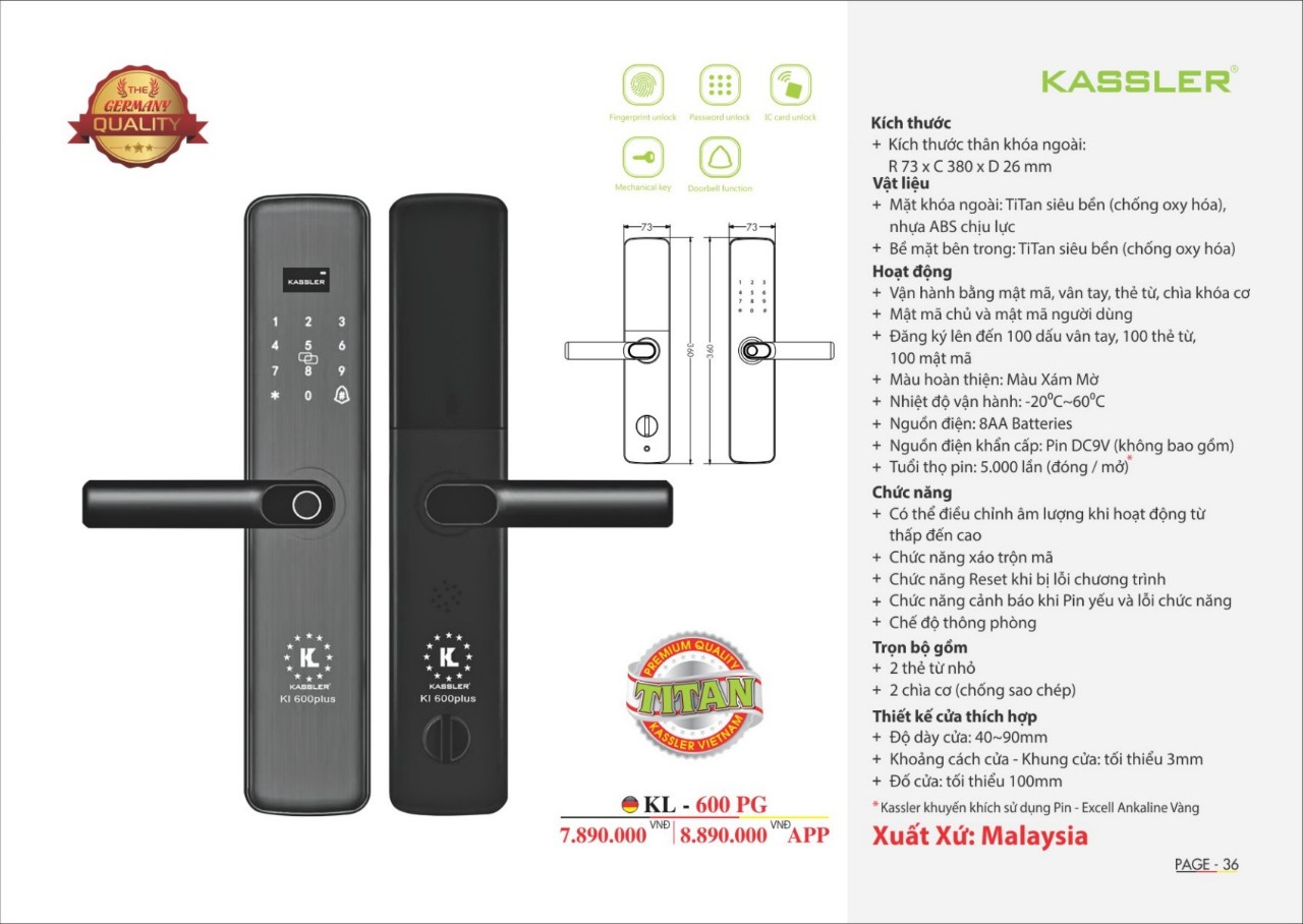 Thông số của khóa Kassler KL-600 PG
