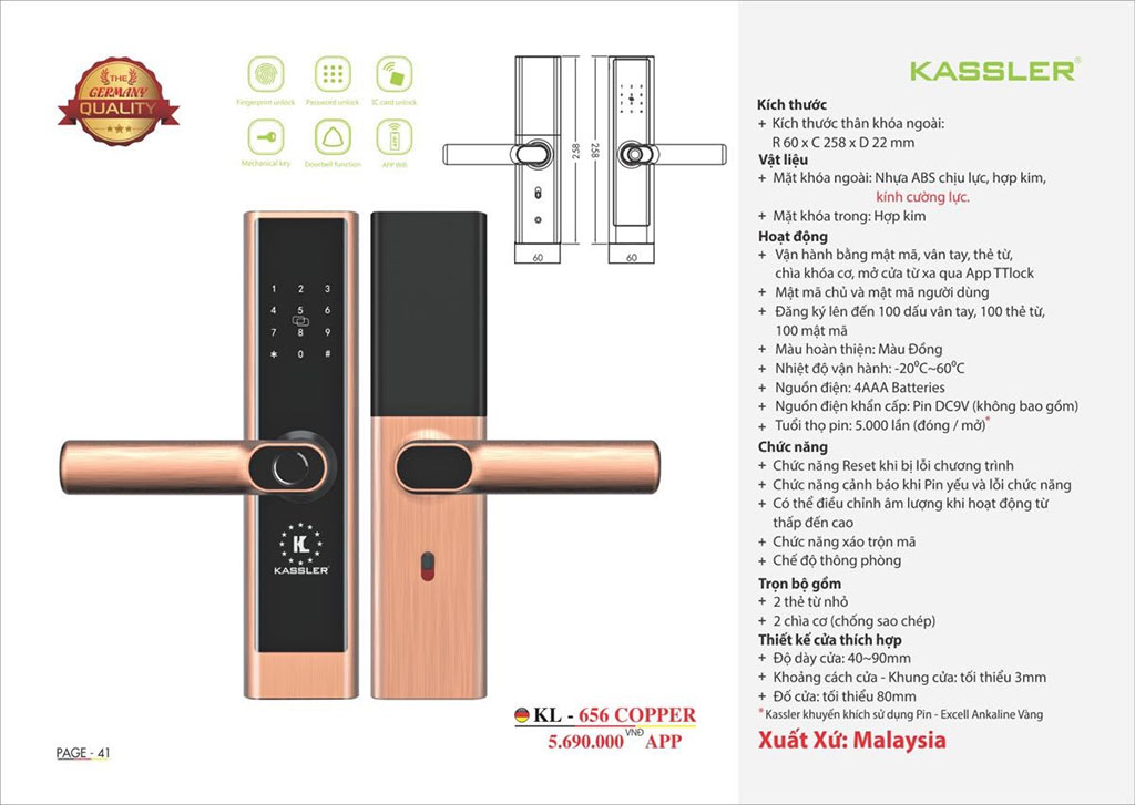 Thông số của khóa Kassler KL656 COPPER