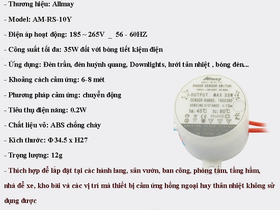 Công tắc cảm biến radar vi sóng ánh sáng Allmay AM-RS-10Y