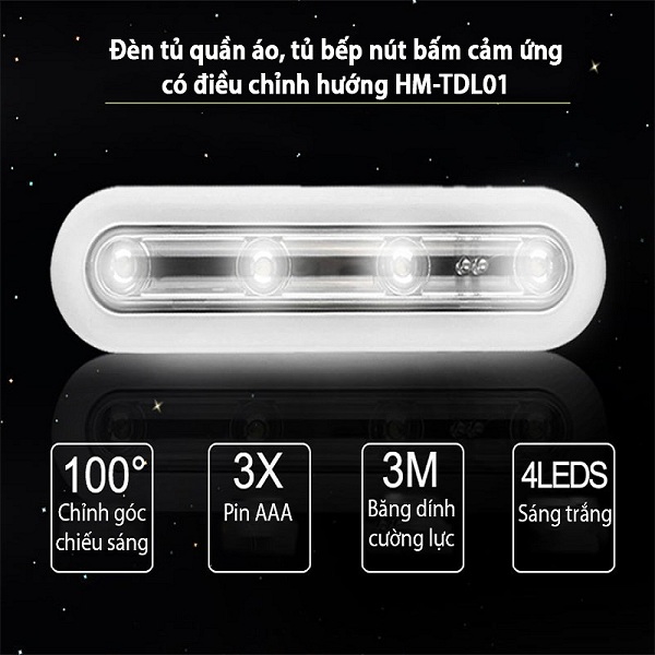 Đèn tủ quần áo, tủ bếp nút bấm cảm ứng có điều chỉnh hướng HM-TDL01