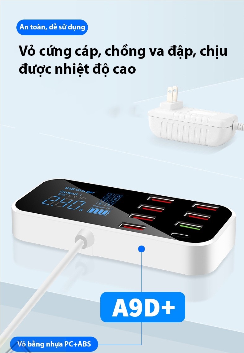 Ổ cắm sạc 8 cổng hỗ trợ sạc nhanh QC3.0 A9D+