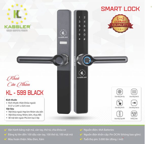 Khóa cửa lùa vân tay Kassler KL599 BLACK