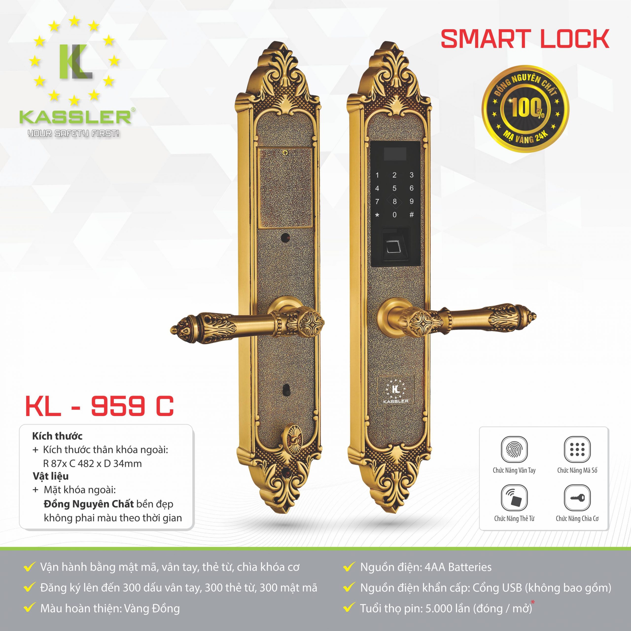 Khóa vân tay tân cổ Kassler KL959C có thời gian phản hồi nhanh