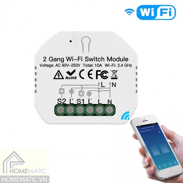Hộp Công tắc wifi 2 cổng siêu nhỏ 10A WMSV1 (hỗ trợ công tắc tay) Hộp Công tắc wifi 2 cổng siêu nhỏ 10A WMSV1 (hỗ trợ công tắc tay)