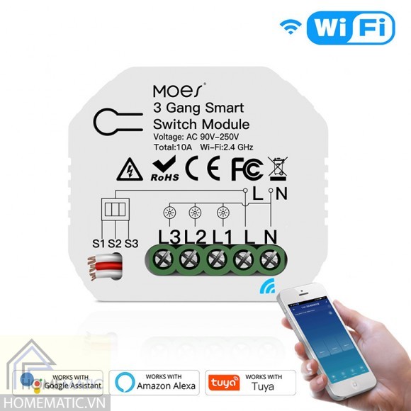 Hộp Công tắc wifi 3 cổng thông minh WSSV1 (kèm công tắc tay 10A)