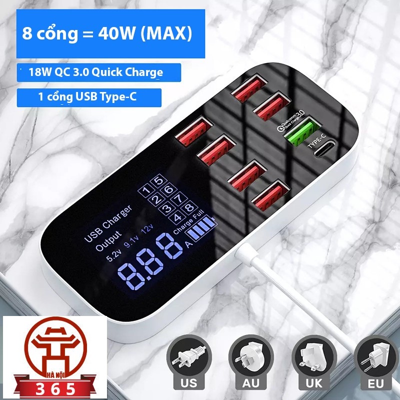 Ổ cắm sạc 8 cổng hỗ trợ sạc nhanh QC3.0 A9D+