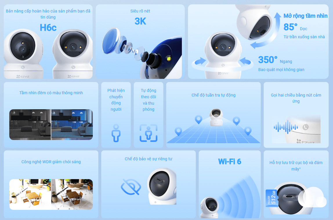 Camera an ninh không dây xoay 360 độ EZVIZ H6C G1 3K 5MP